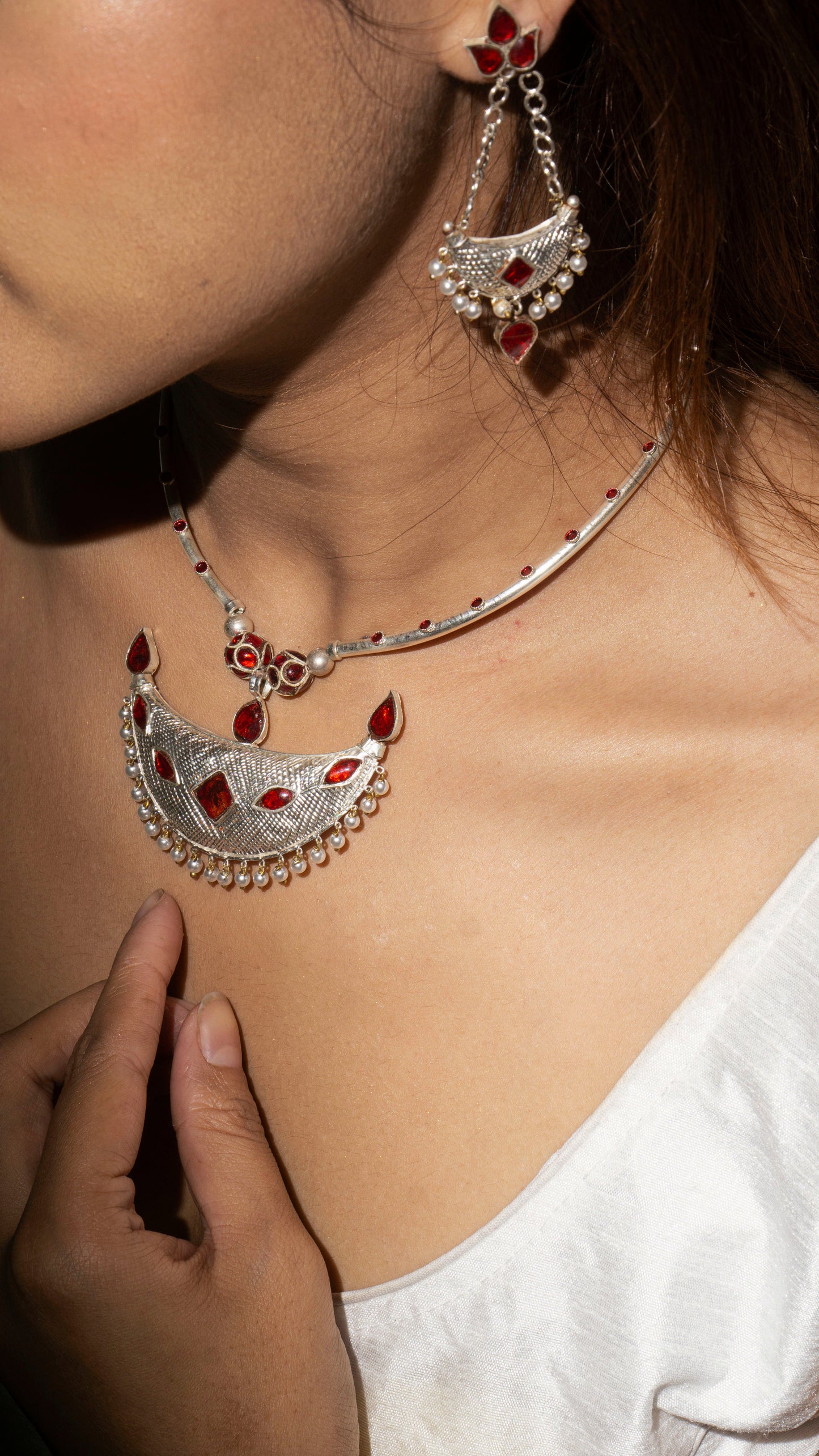 Junbiri Pendent and Earring - Studded Red Stone Assamese Jewellery