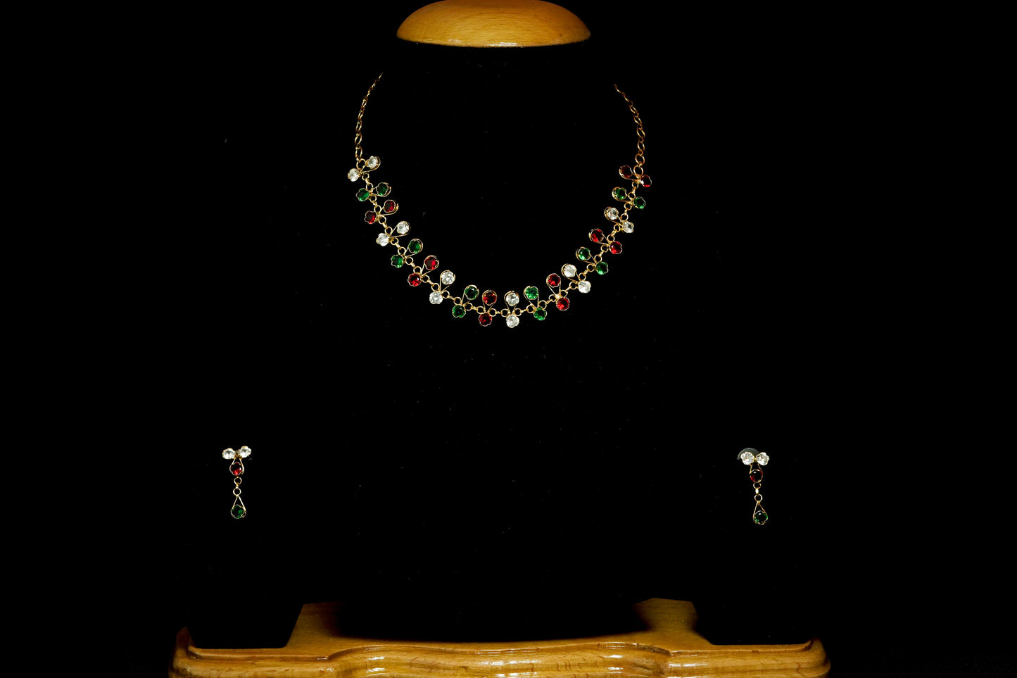 Delicate Choker & Earrings Set with Green, Red and White Stone - Silver Meenakari Assamese Jewellery