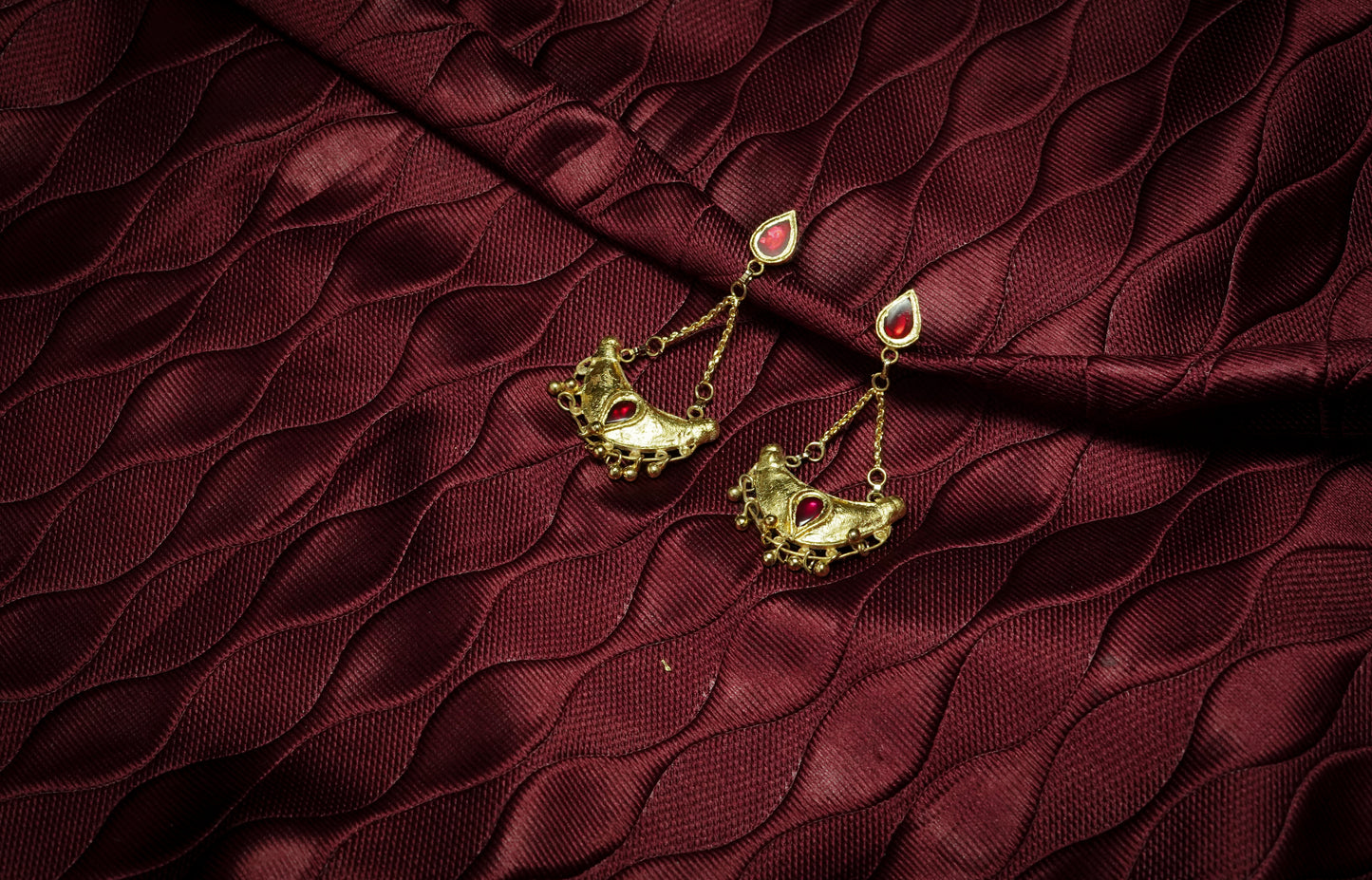 Junbiri Earring with Red Stones - Silver Traditional Jewellery