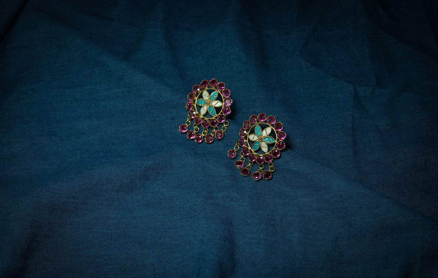 Assamese Silver Traditional Jewellery - Japi Motif Earring with Firozi and White Meenakari with Ruby coloured Stones