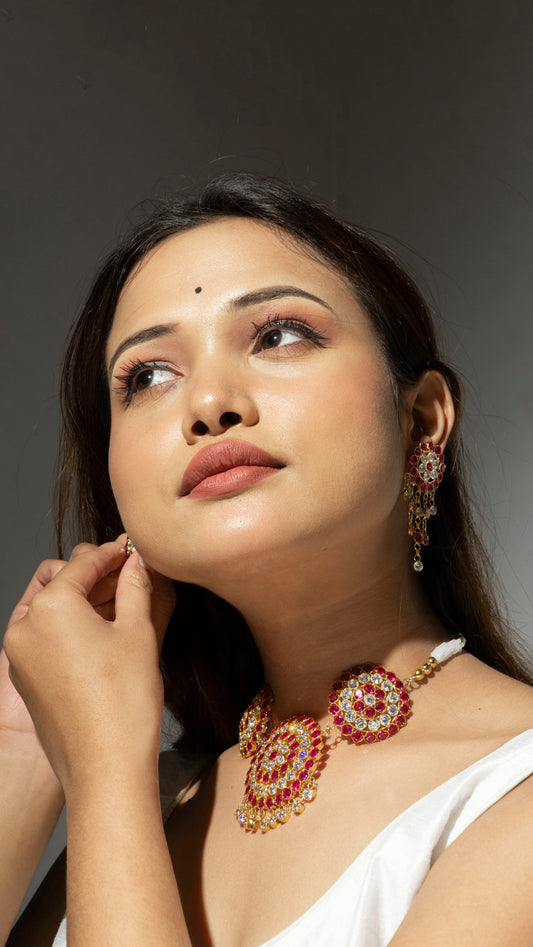 Assamese Traditional Jewellery - Floral Design Stone Necklace and Earring