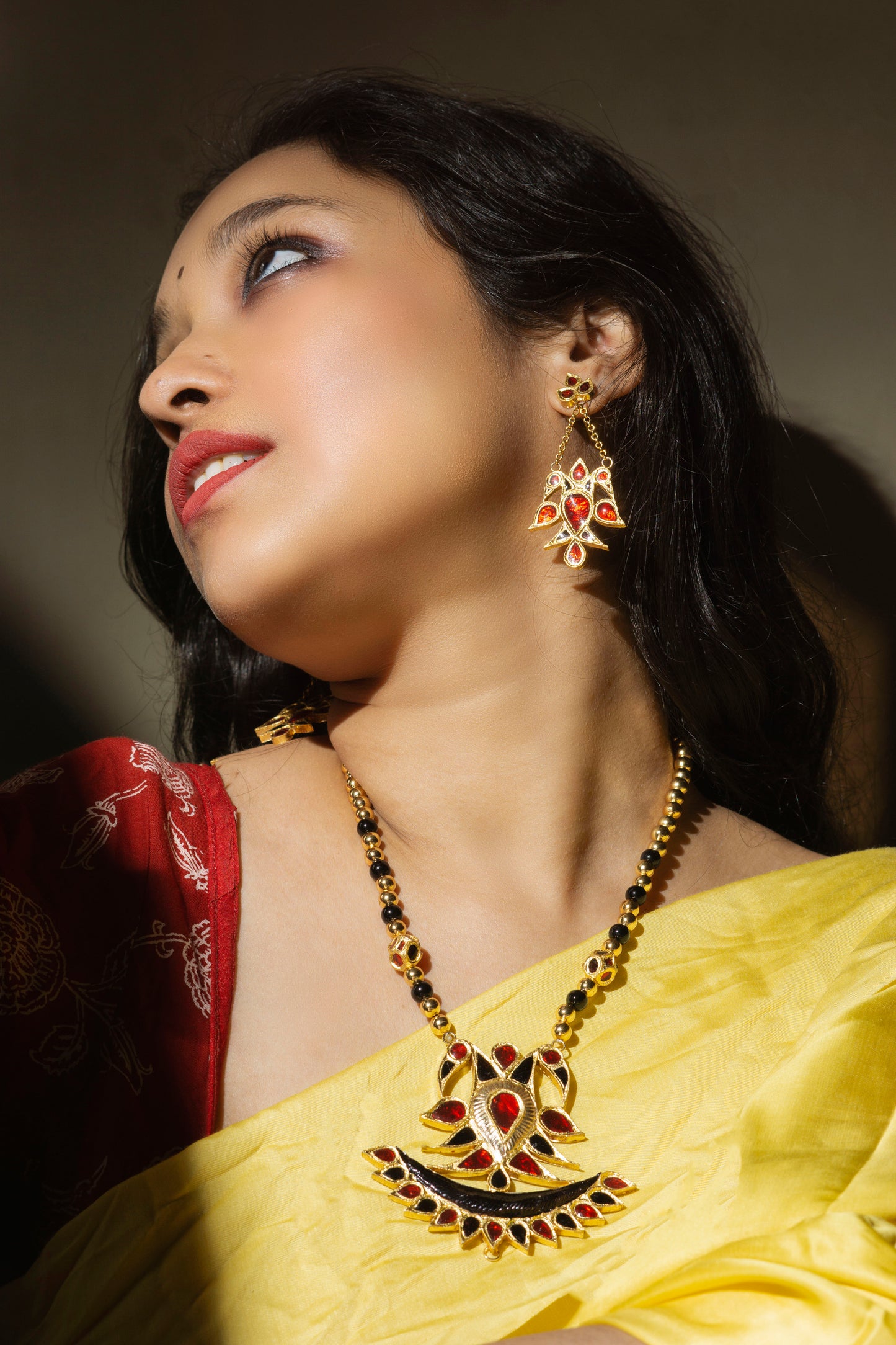 Sen Pendent and earring with stone and Meena work - Assamese Jewellery