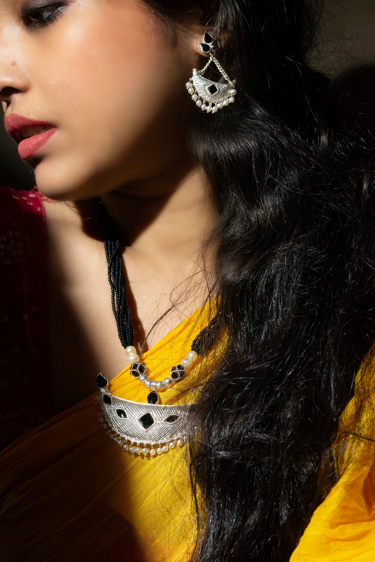 Assamese Traditional Jewellery - Junbiri Pendent and Earring - Studded Black Stone