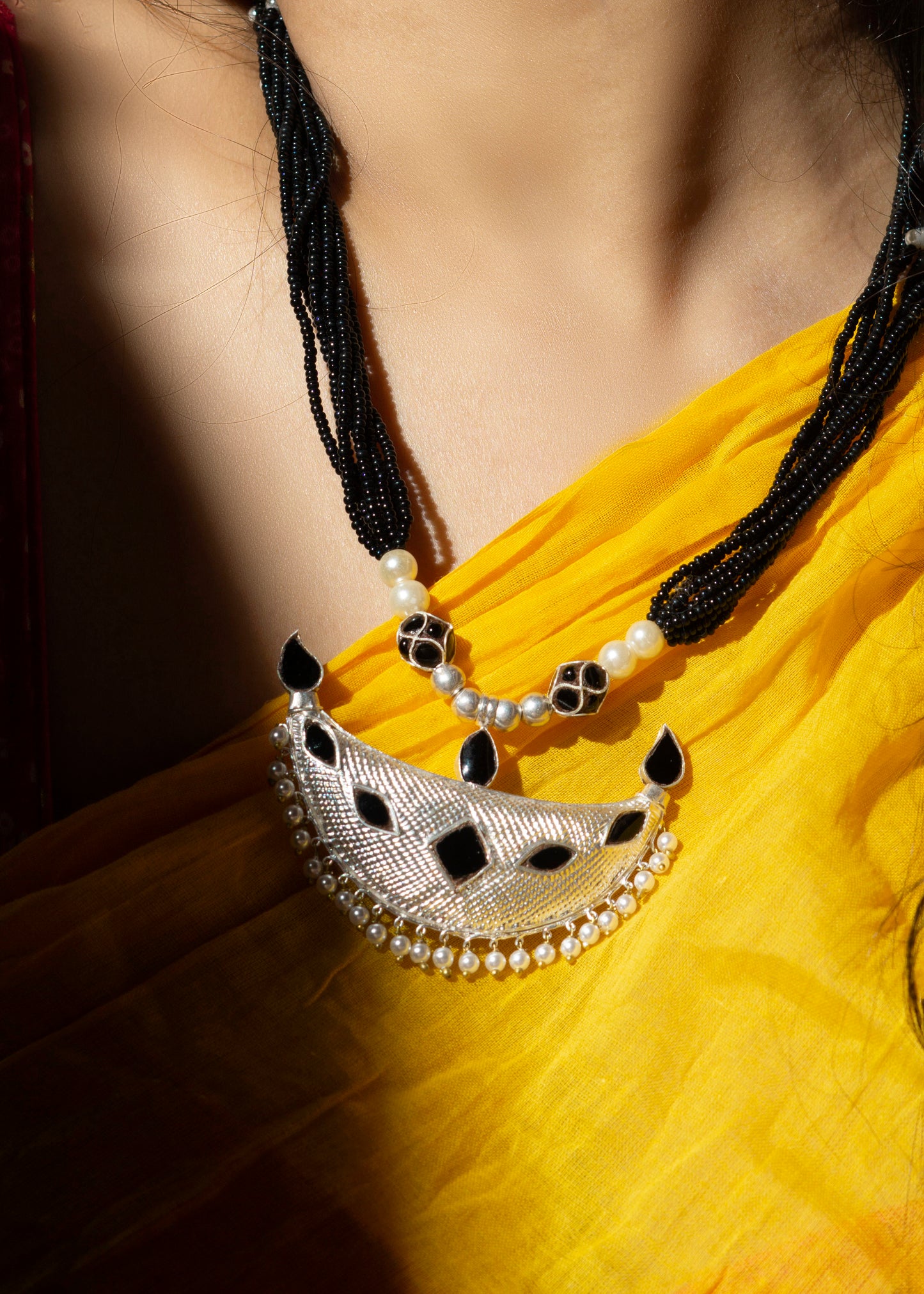 Assamese Traditional Jewellery - Junbiri Pendent and Earring - Studded Black Stone