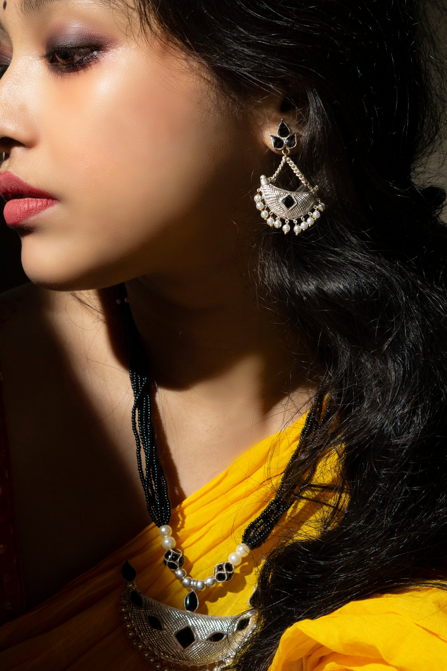 Assamese Traditional Jewellery - Junbiri Pendent and Earring - Studded Black Stone