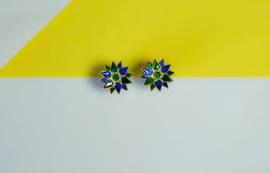 Floral Earring with Blue and Green Meenakari - Assamese Silver Traditional Jewellery