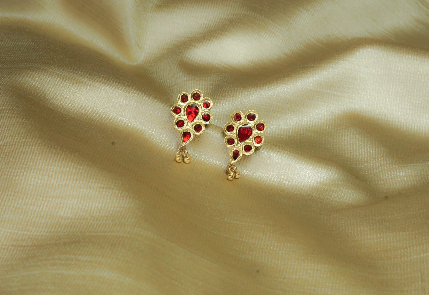 Dugdugi Earring with Red Stones - Assamese Silver Traditional Jewellery