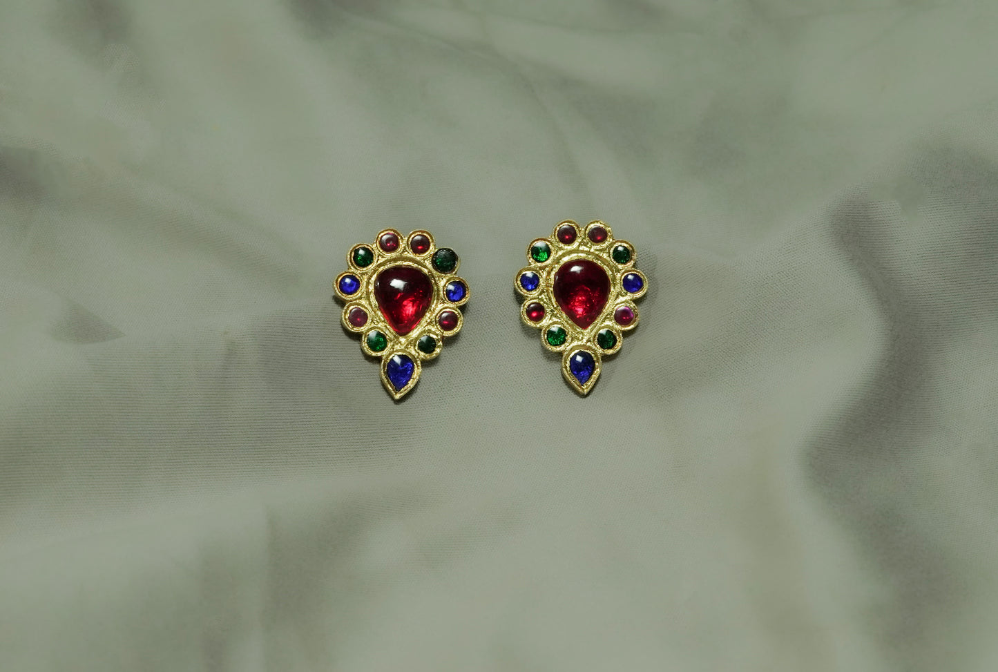 Dugdugi Earring with Blue, Red, Green Stones - Semi-precious Stone & Silver Assamese Jewellery