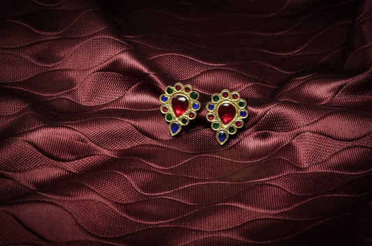 Dugdugi Earring with Blue, Red, Green Stones - Semi-precious Stone & Silver Assamese Jewellery