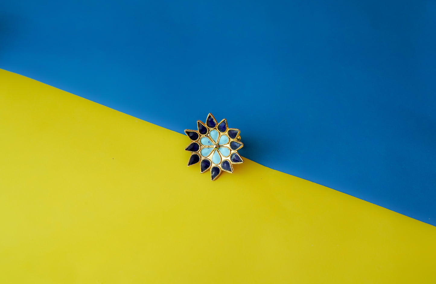 Assamese Handmade Jewellery - Flower Ring with Black and Firozi Meenakari