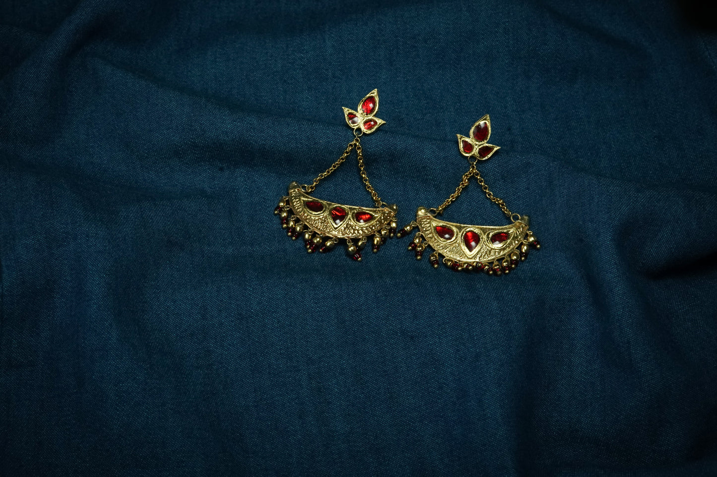 Junbiri Earring with Red Stones - Assamese Silver Traditional Jewellery