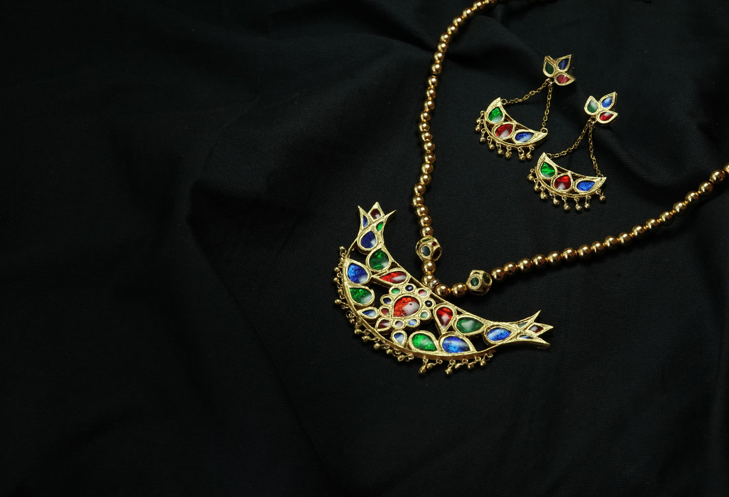 Bena Pendant and Earring with Blue, Red & Green Stones - Meenakari Assamese Silver Jewellery