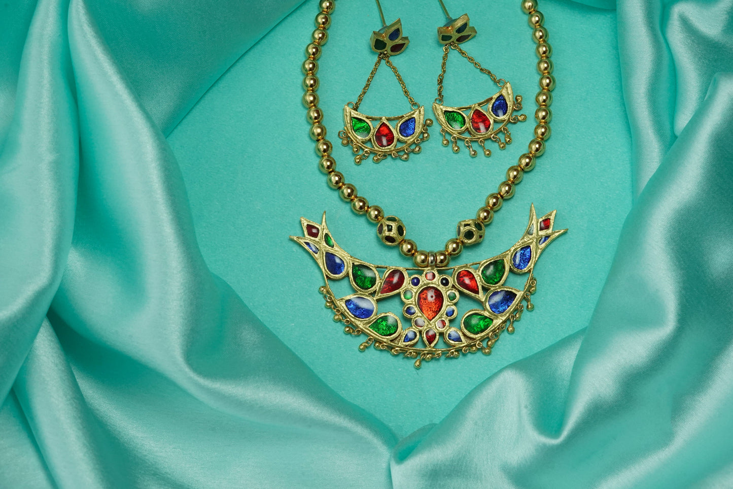 Bena Pendant and Earring with Blue, Red & Green Stones - Meenakari Assamese Silver Jewellery