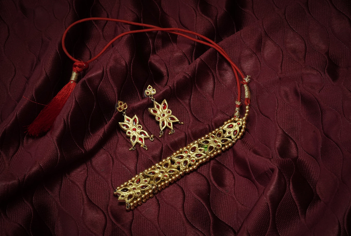 Prajapati Choker & Earrings Set with Red Stones - Assamese Silver Traditional Jewellery