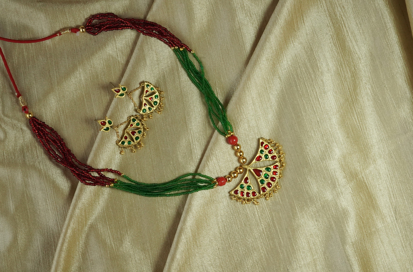 Gagori Pendant and Earring with Red & Green Stones - Silver Assamese Traditional Jewellery