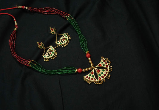 Gagori Pendant and Earring with Red & Green Stones - Silver Assamese Traditional Jewellery