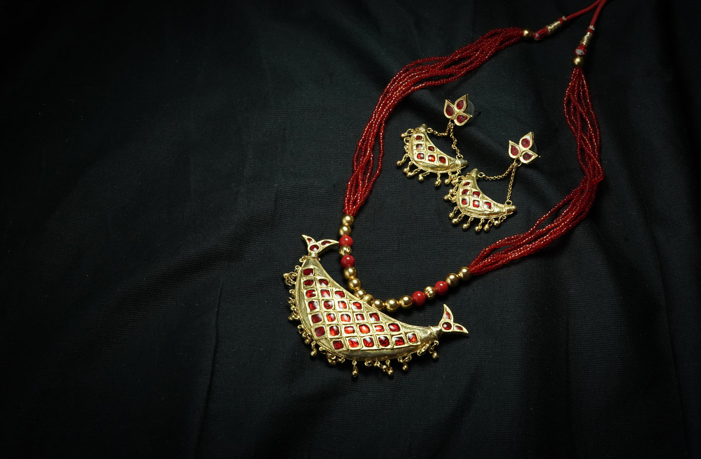 Junbiri Pendant and Earring with Red Stones - Assamese Silver Traditional Jewellery