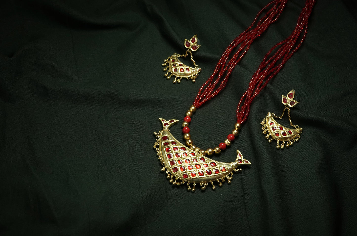 Junbiri Pendant and Earring with Red Stones - Assamese Silver Traditional Jewellery