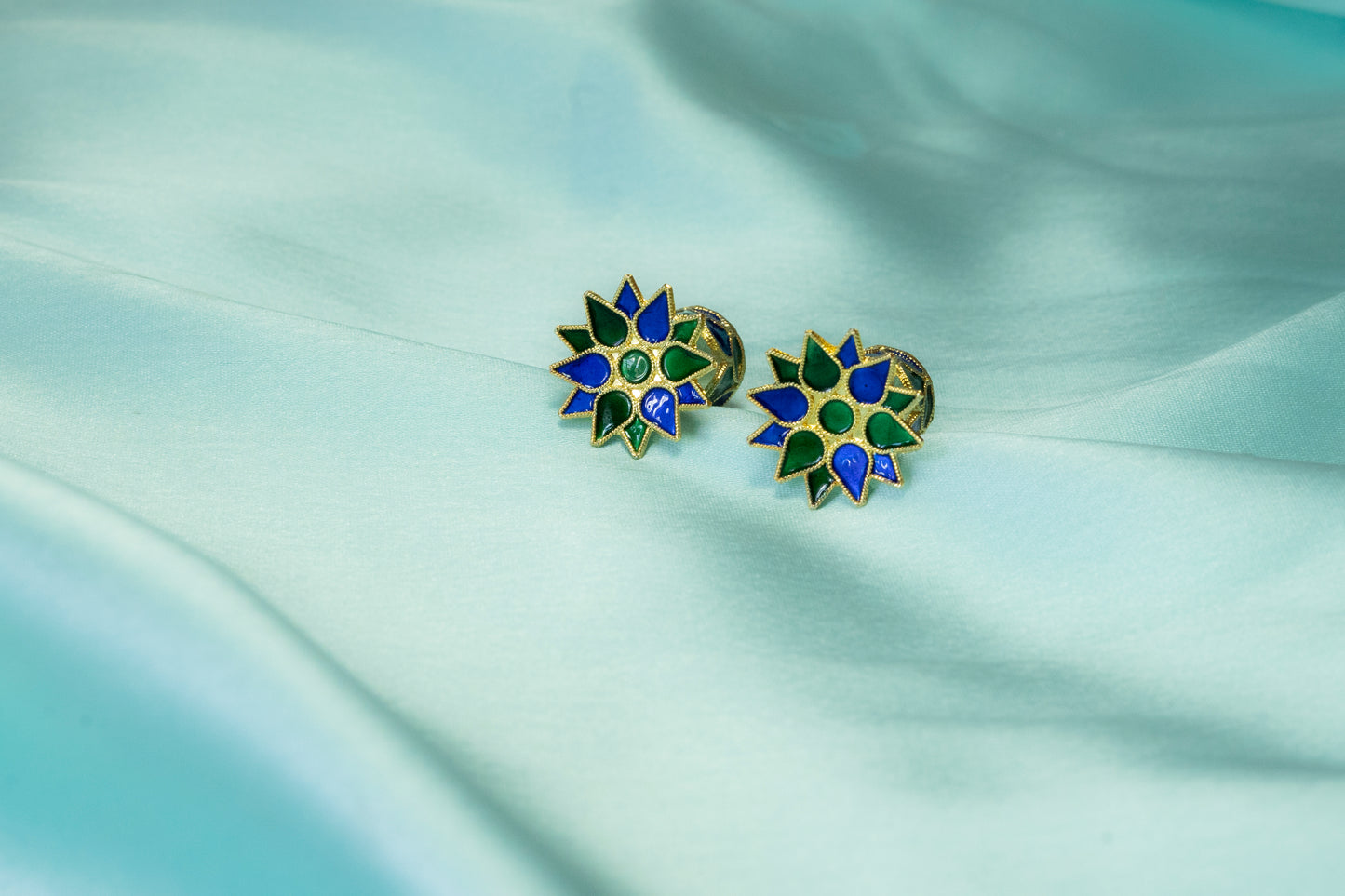 Floral Earring with Blue and Green Meenakari - Assamese Silver Traditional Jewellery