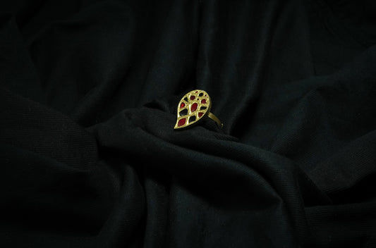 Leaf Ring with Black & Red Stones - Assamese Traditional Jewellery