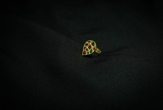 Leaf Ring with Red and Green Stone - Handmade Silver Assamese Jewellery