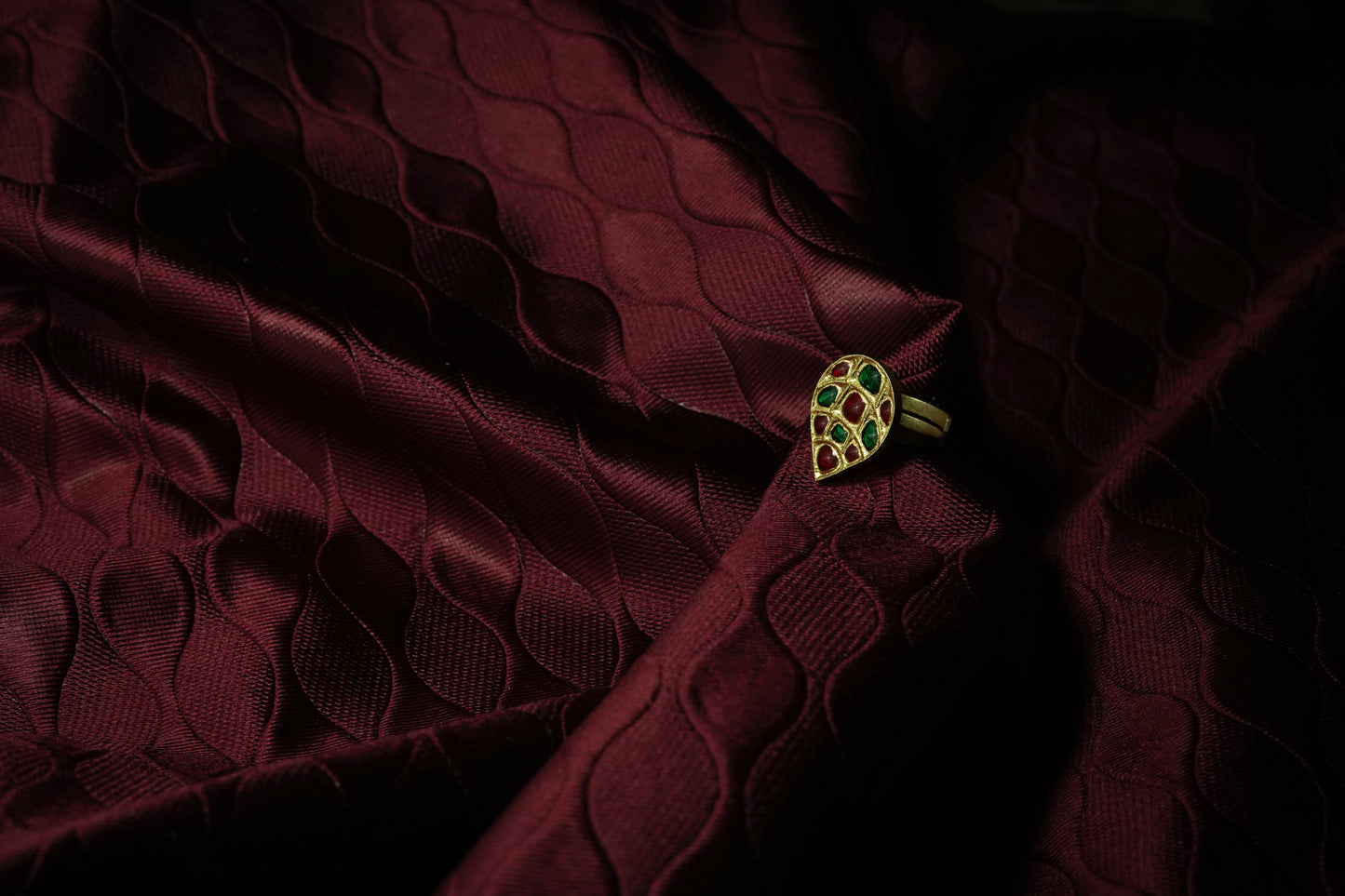 Leaf Ring with Red and Green Stone - Handmade Silver Assamese Jewellery