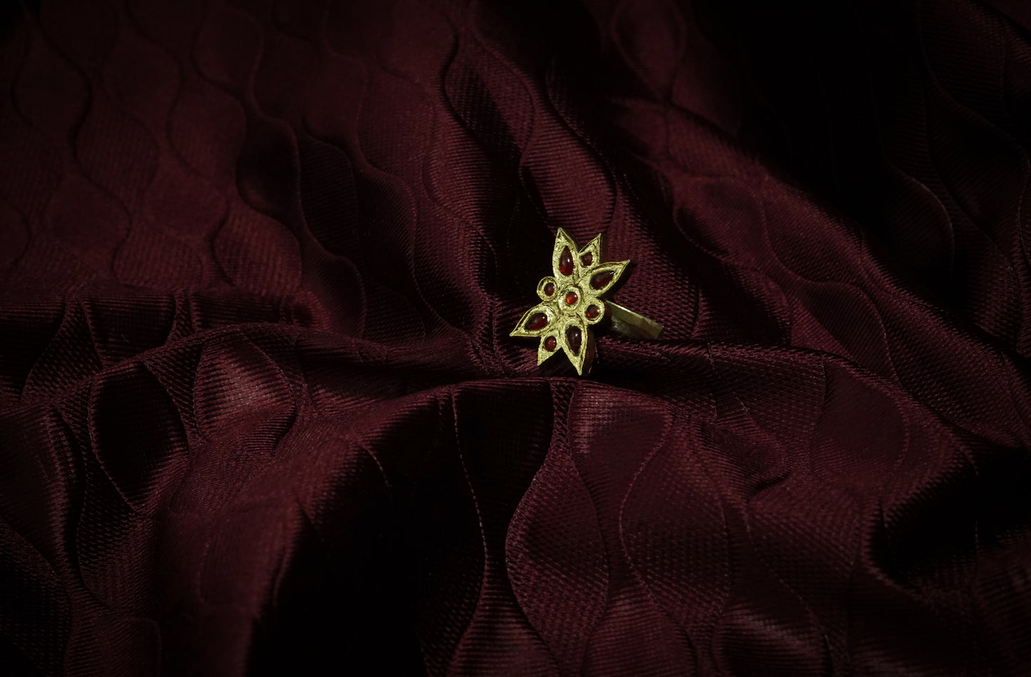 Handmade Silver Assamese Jewellery - Flower Ring with Maroon Stone