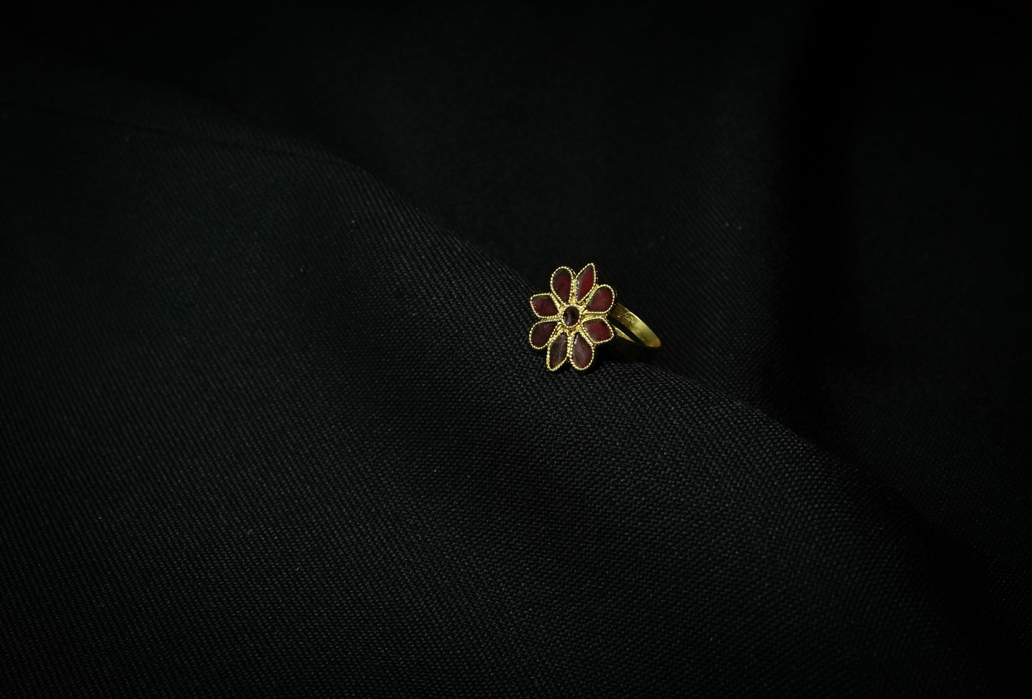 Flower Ring with Red Menakari - Silver Assamese Jewellery