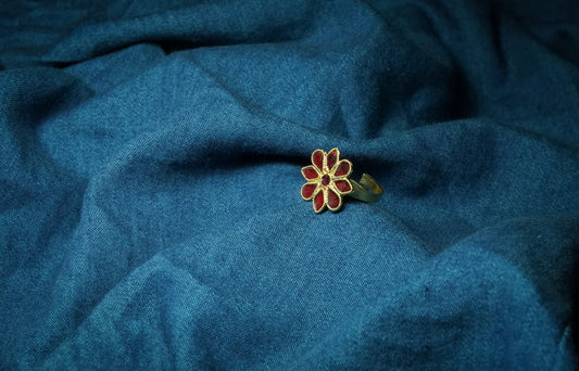 Flower Ring with Red Menakari - Silver Assamese Jewellery