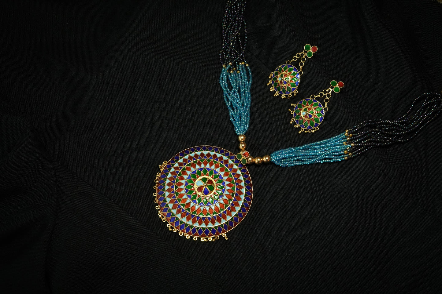 Japi Pendant and Earring with Multicoloured Meenakari - Assamese Silver Traditional Jewellery