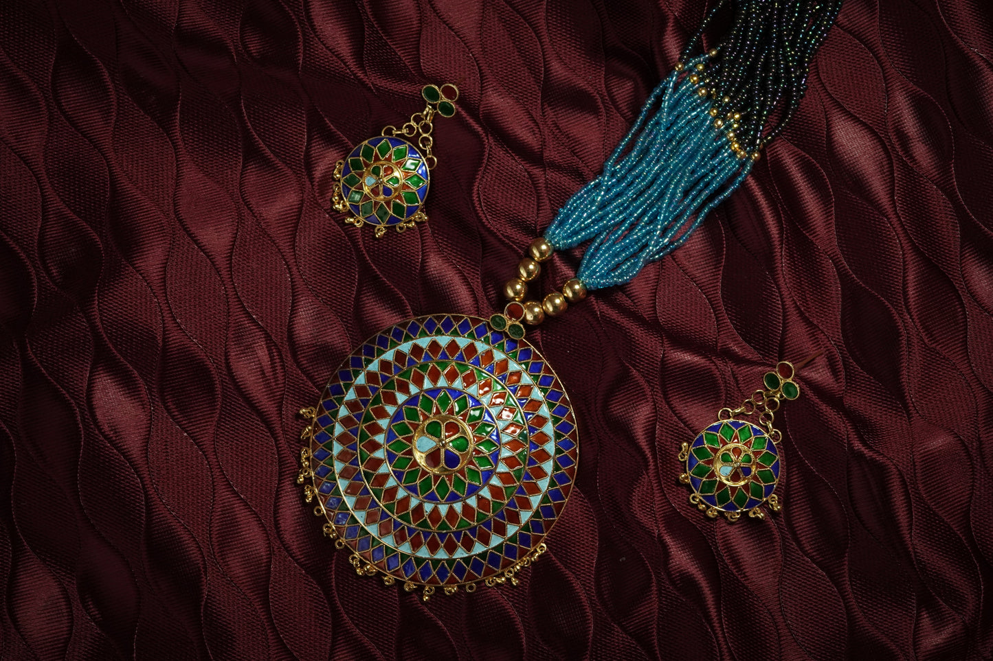 Japi Pendant and Earring with Multicoloured Meenakari - Assamese Silver Traditional Jewellery