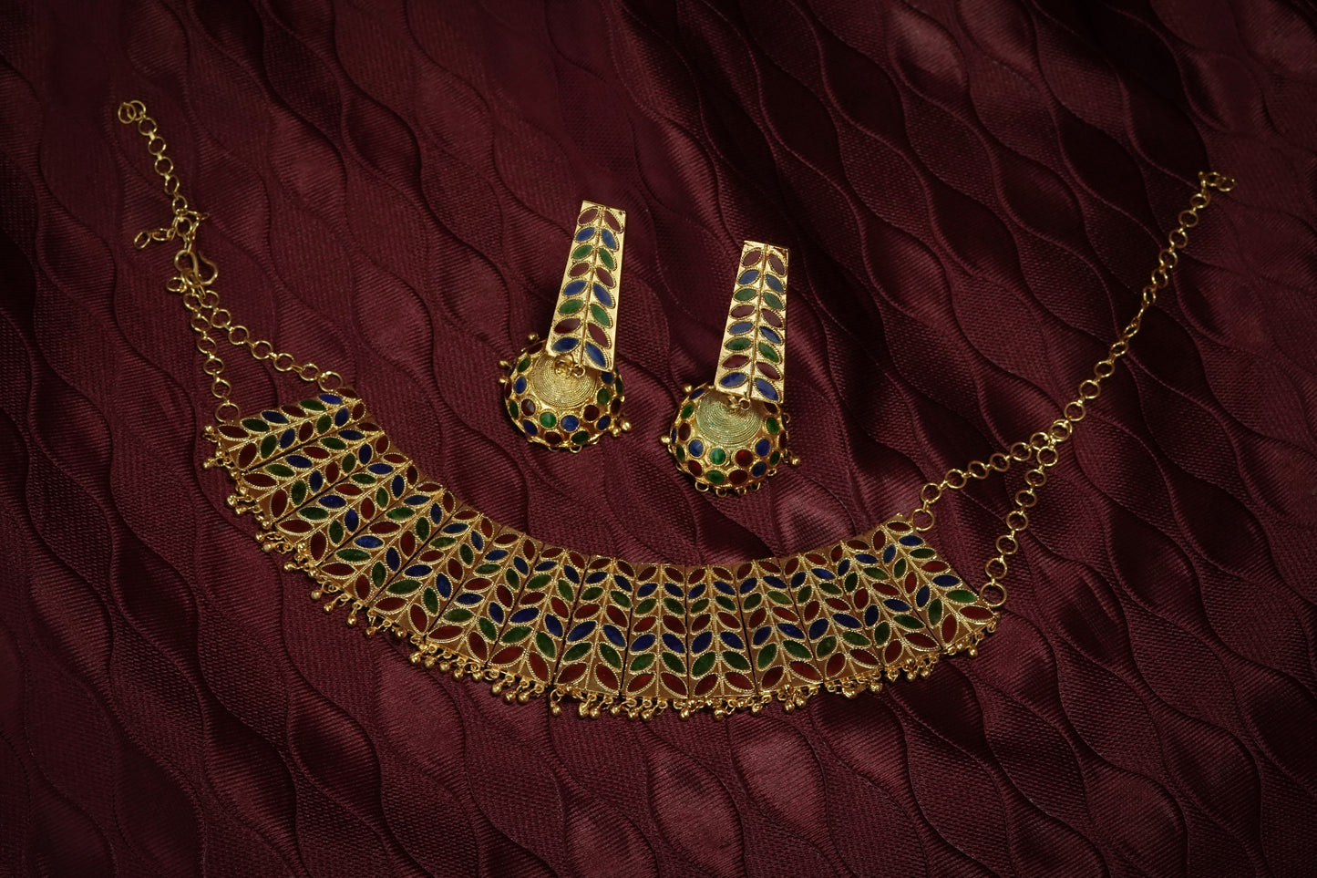 Silver Assamese Traditional Jewellery - Dhansira Choker & Earrings Set with Multicoloured Meenakari