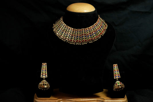 Silver Assamese Traditional Jewellery - Dhansira Choker & Earrings Set with Multicoloured Meenakari