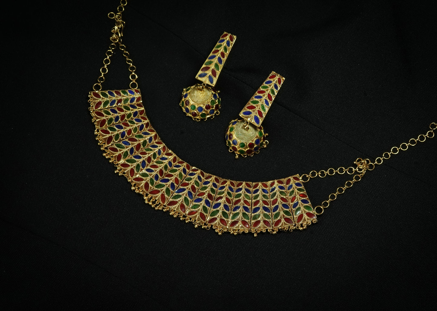 Silver Assamese Traditional Jewellery - Dhansira Choker & Earrings Set with Multicoloured Meenakari