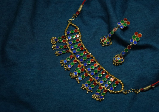 Assamese Traditional Jewellery - Spherical Choker & Earrings Set with Multicoloured Meenakari