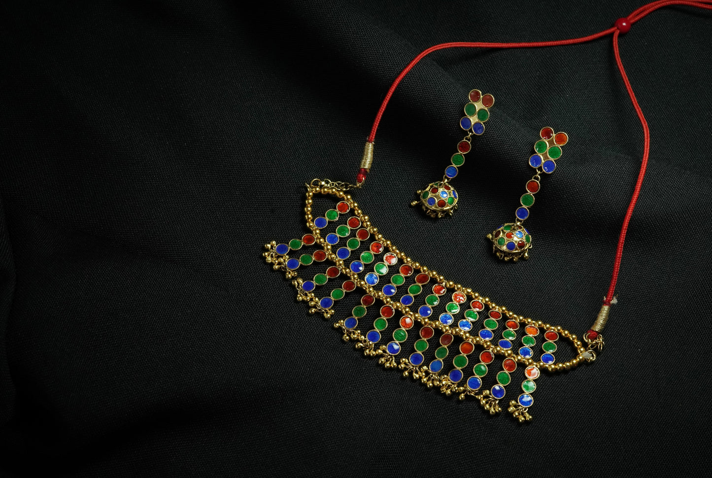 Assamese Traditional Jewellery - Spherical Choker & Earrings Set with Multicoloured Meenakari