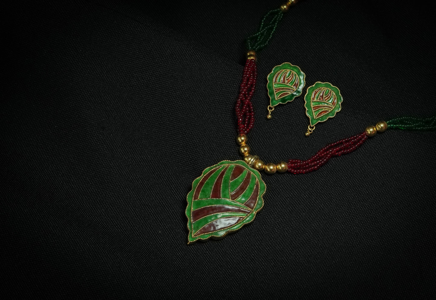 Leaf Motif Pendent and Earring with Green and Maroon Meenakari - Traditional Jewellery