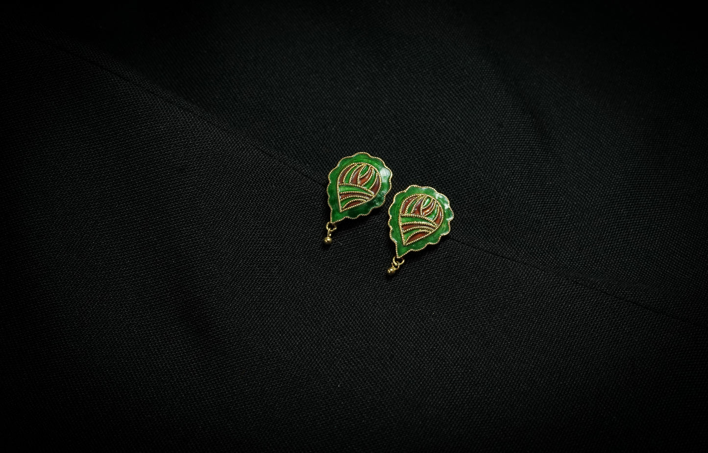 Leaf Motif Earring with Green and Maroon Meenakari - Assamese Silver Traditional Jewellery