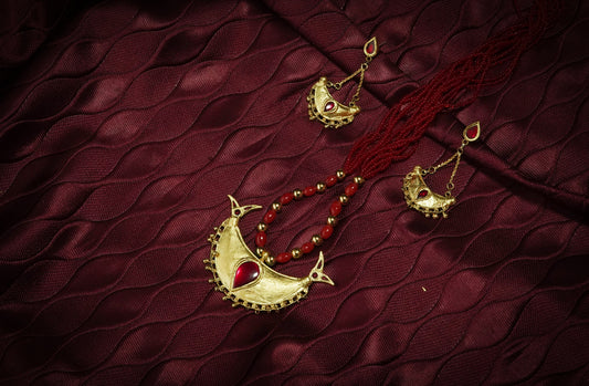 Junbiri Pendant and Earring with Red Stones - Assamese Silver Traditional Jewellery