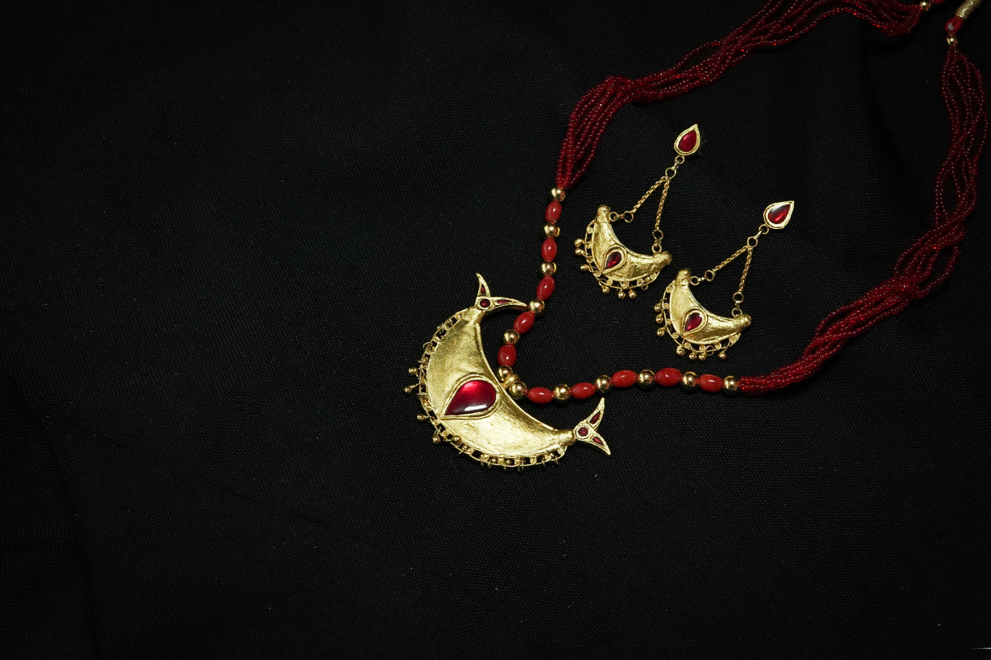 Junbiri Pendant and Earring with Red Stones - Assamese Silver Traditional Jewellery