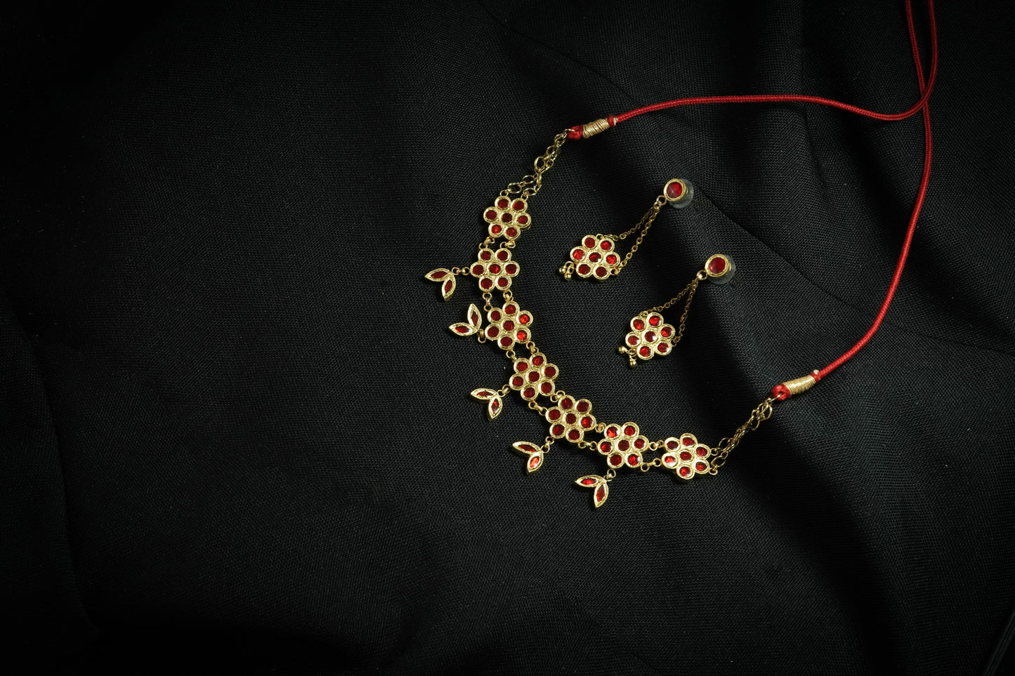 Assamese Jewellery - Floral Choker & Earrings Set with Red Stone