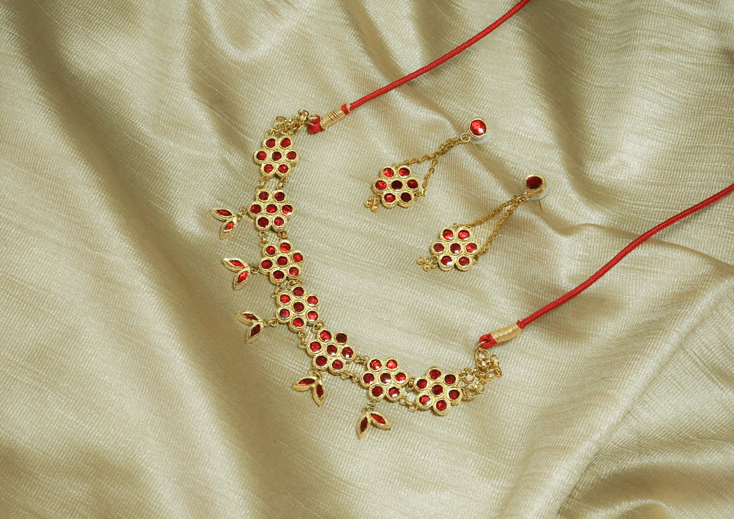 Assamese Jewellery - Floral Choker & Earrings Set with Red Stone