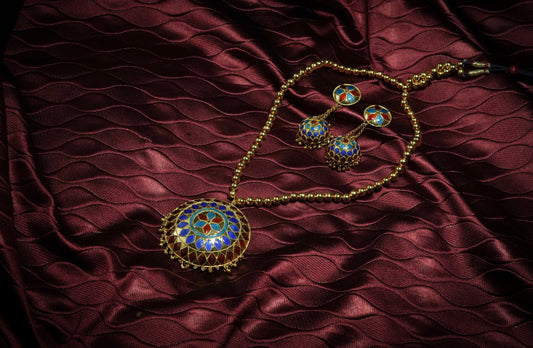 Traditional Jewellery - Japi Pendant and Earring with Multicoloured Meenakari