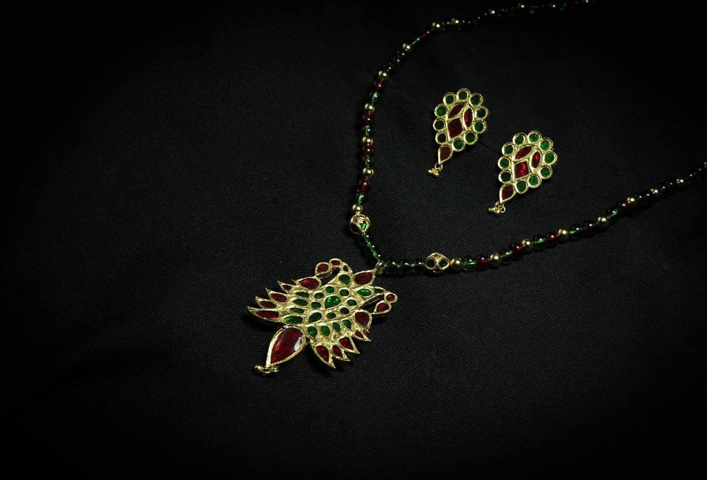 Silver Assamese Traditional Jewellery - Sen Dugdugi Pendent and Earring with Red and Green stones