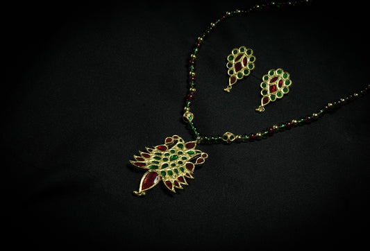 Silver Assamese Traditional Jewellery - Sen Dugdugi Pendent and Earring with Red and Green stones