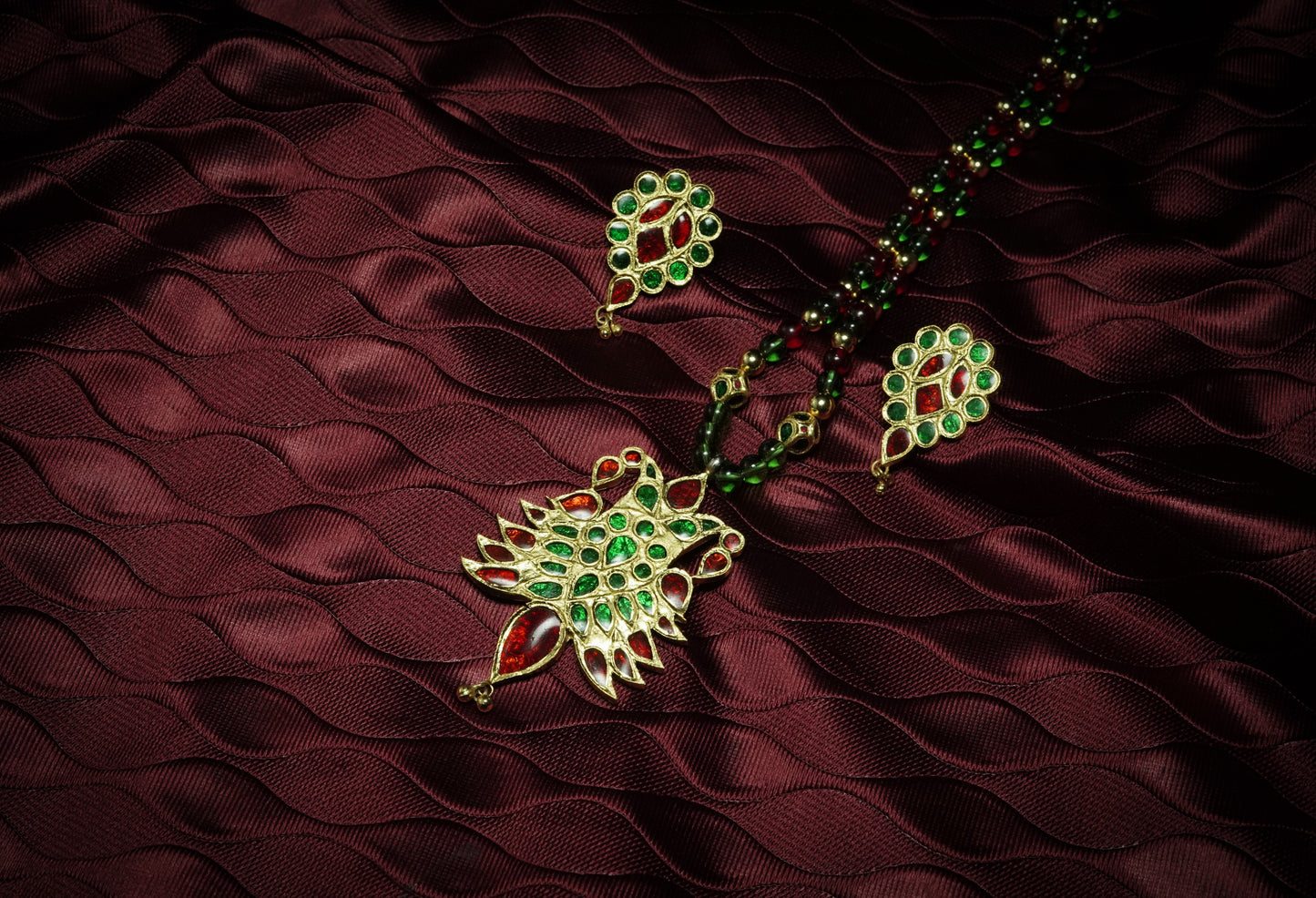 Silver Assamese Traditional Jewellery - Sen Dugdugi Pendent and Earring with Red and Green stones