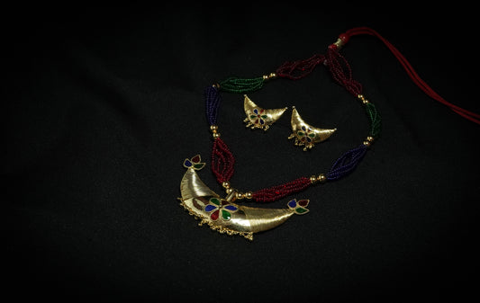 Junbiri Pendent and Earring with Red, Blue & Green Meenakari Assamese Traditional Jewellery