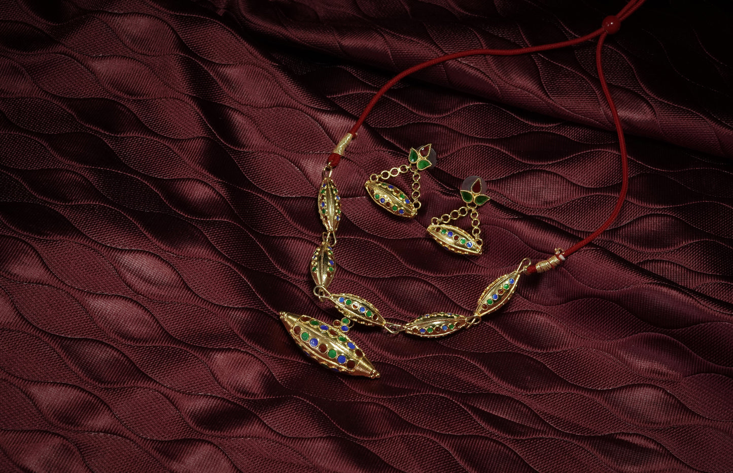 Assamese Traditional Jewellery - Dhol Shilikha Earrings & Necklace Set with Multicoloured Meenakari