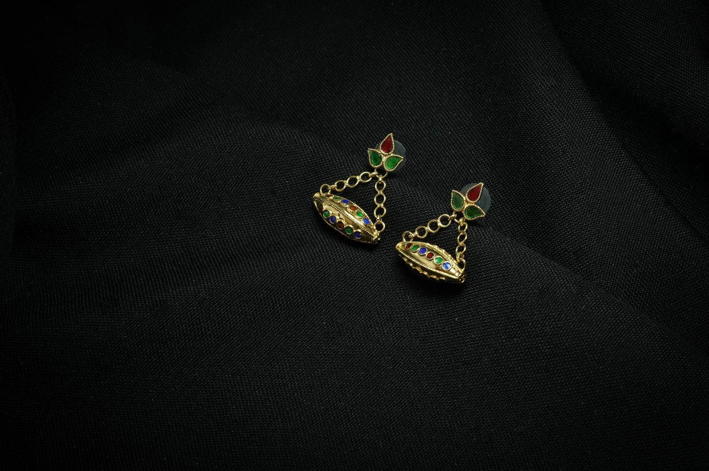 Assamese Traditional Jewellery - Dhol Shilikha Earrings & Necklace Set with Multicoloured Meenakari