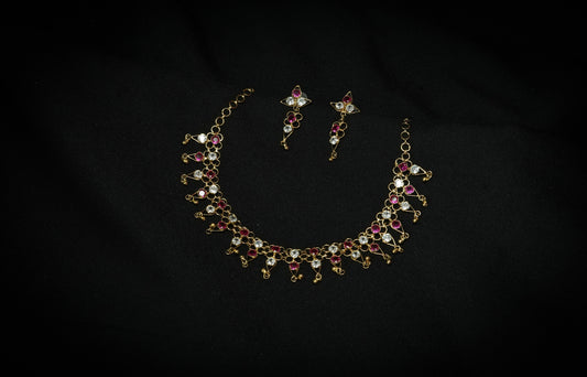 Floral Stone Setting Earrings & Necklace Set - Meenakari Assamese Traditional Jewellery